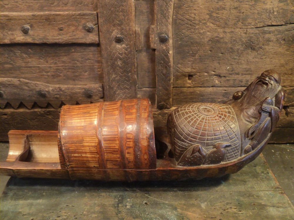 Bambou Sculpt� Chine P�cheur Jonque Antique Chinese 180 Loches (37)