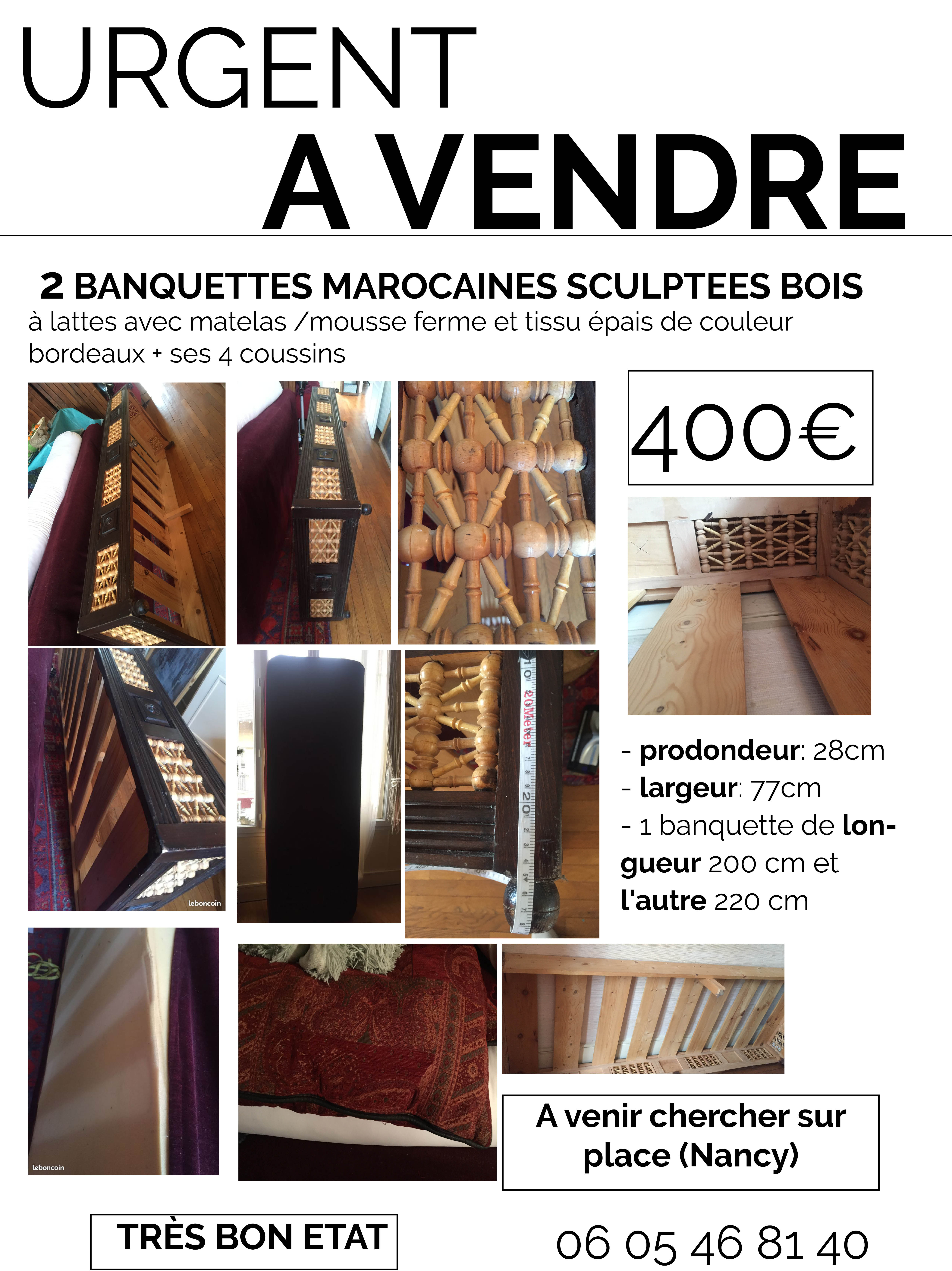 2 banquettes marocaines sculpt�es bois + 4 gros coussins 0 Nancy (54)