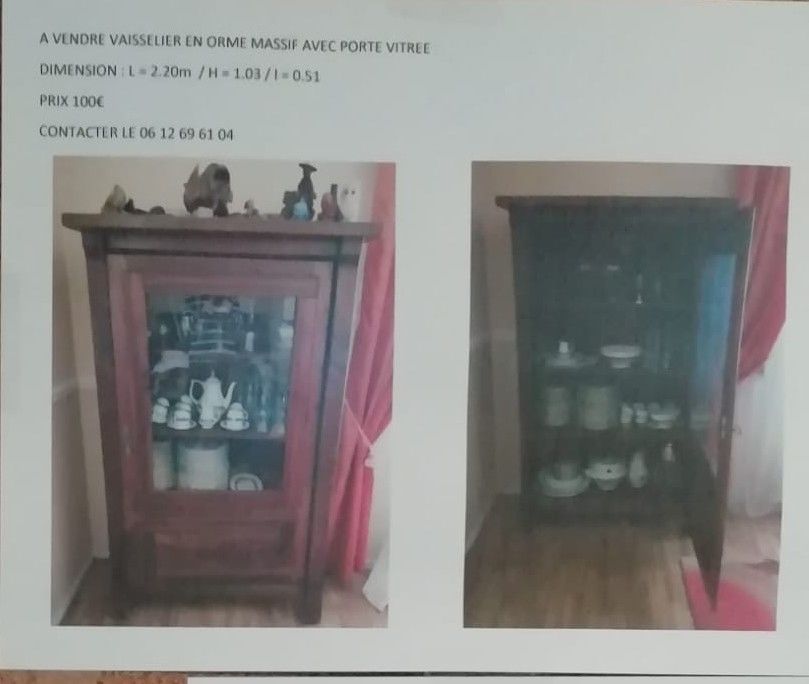 Beau vaisselier porte vitr�e en orme massif 100 Paris 13 (75)