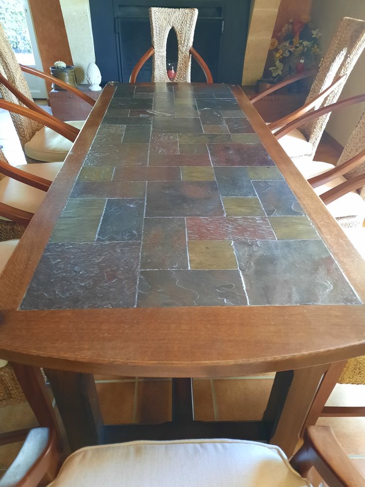 Belle table salle � manger ch�ne massif dessus ardoises 280 Maransin (33)