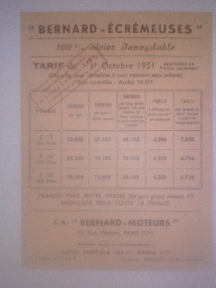 Pub Bernard �cr�meuses Bernard Paris Tarif 1er Octobre 1951 7 N�rac (47)