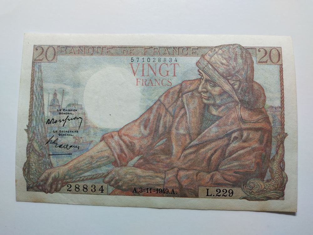 Billet de banque de 20 francs    LE PECHEUR      ann�e 1949 30 Dolus-d'Ol�ron (17)