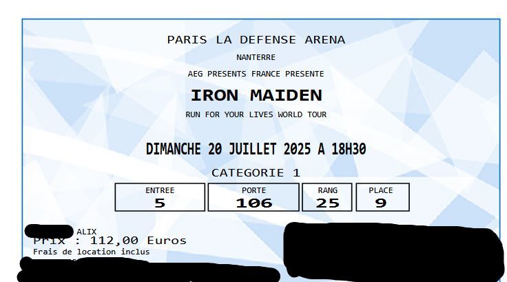 BILLET CONCERT IRON MAIDEN 20 JUILLET PLACE ASSISE 80 Rouillac (16)