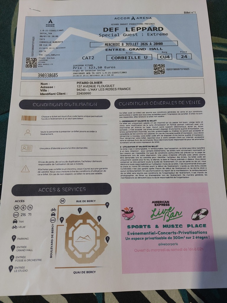 Billet concert Def Leppard Accor Arena 8 juillet 2026 90 Fumay (08)