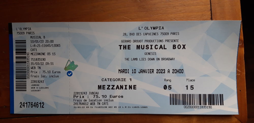 Billet concert The Musical Box Olympia10-janv-2023 40 Limoges (87)