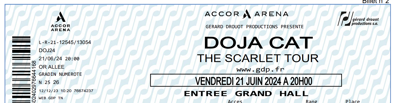 Billet DOJA CAT - THE SCARLET TOUR PARIS (21 juin 2024) 0 Paris 12 (75)