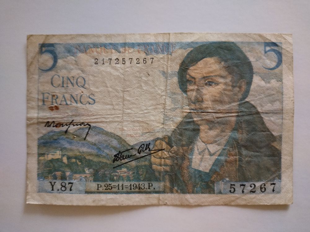 billet de 5 francs      LE BERGER      ann�e 1943 . 10 Dolus-d'Ol�ron (17)