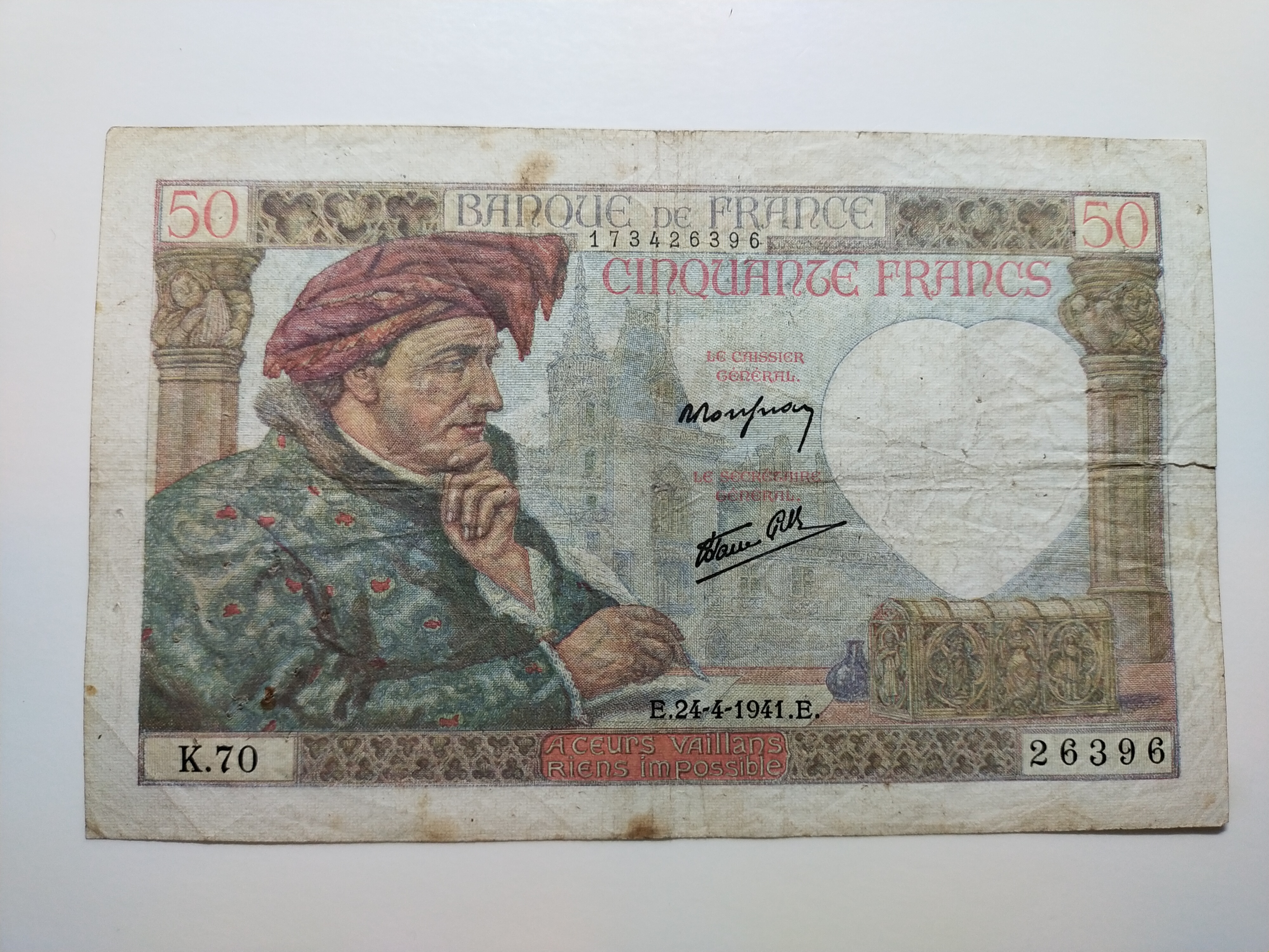 billet de 50 francs     JACQUES COEUR      ann�e 1941 . 35 Dolus-d'Ol�ron (17)