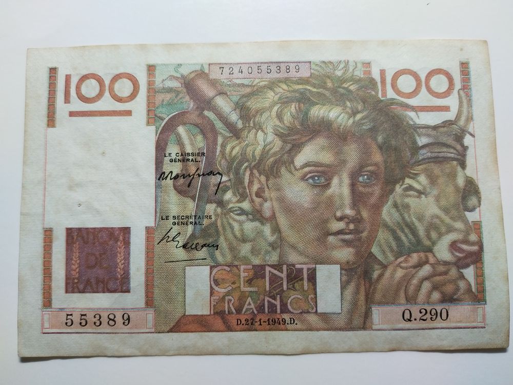 billet de 100 francs      jeune paysan      ann�e 1949 30 Dolus-d'Ol�ron (17)
