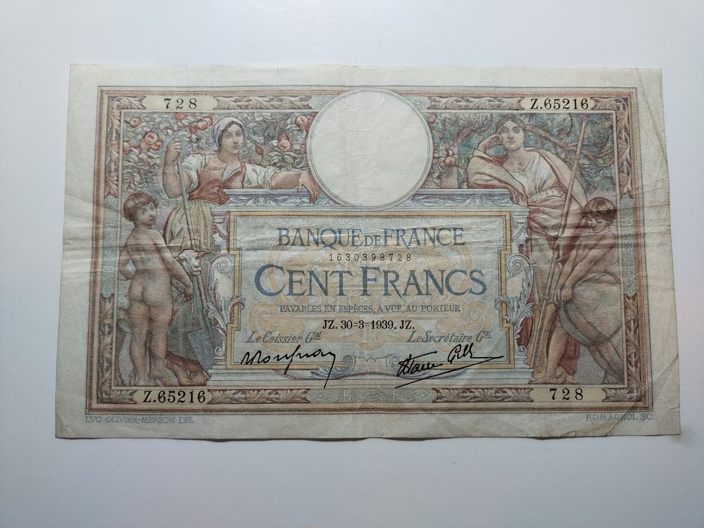 billet de 100 francs      MERSON    ann�e 1939 . 40 Dolus-d'Ol�ron (17)