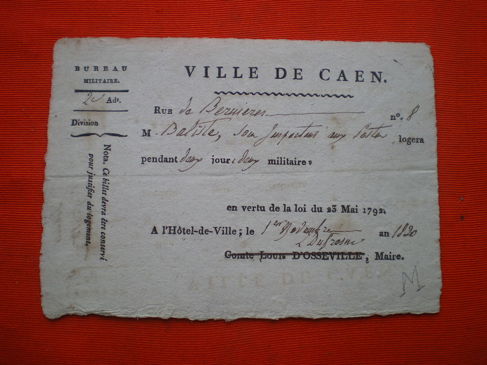 Billet de logement de 1830 