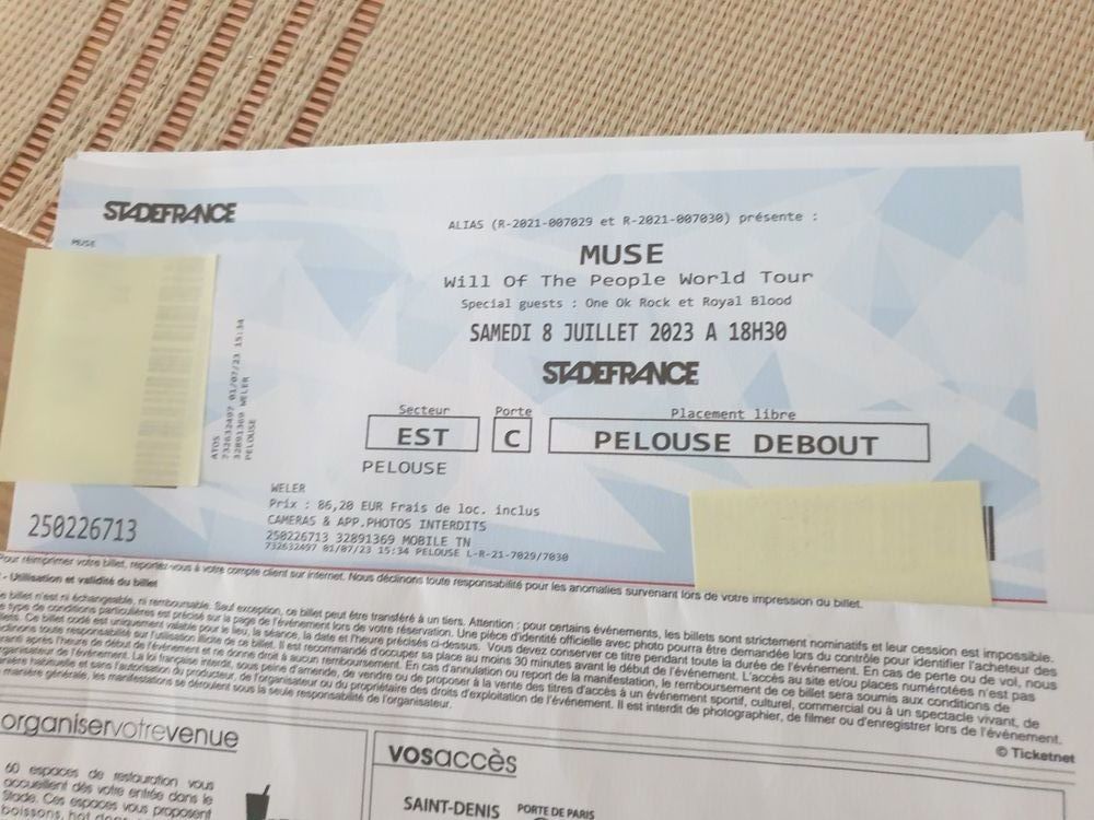 Billet pour Muse au stade de France  08/07/2023 89 Angers (49)