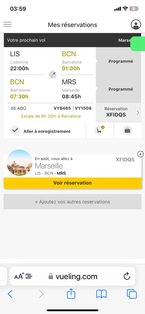 2 billets d avion Lisbonne Marseille pour le 05 /08/24 35 Saint-Cyr-sur-Mer (83)