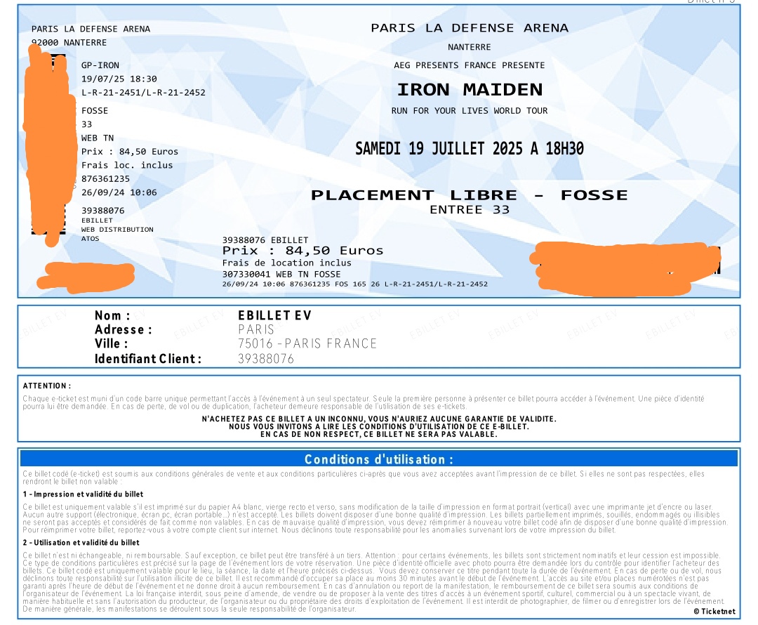 2 billets concert Iron Maiden 80 Libourne (33)