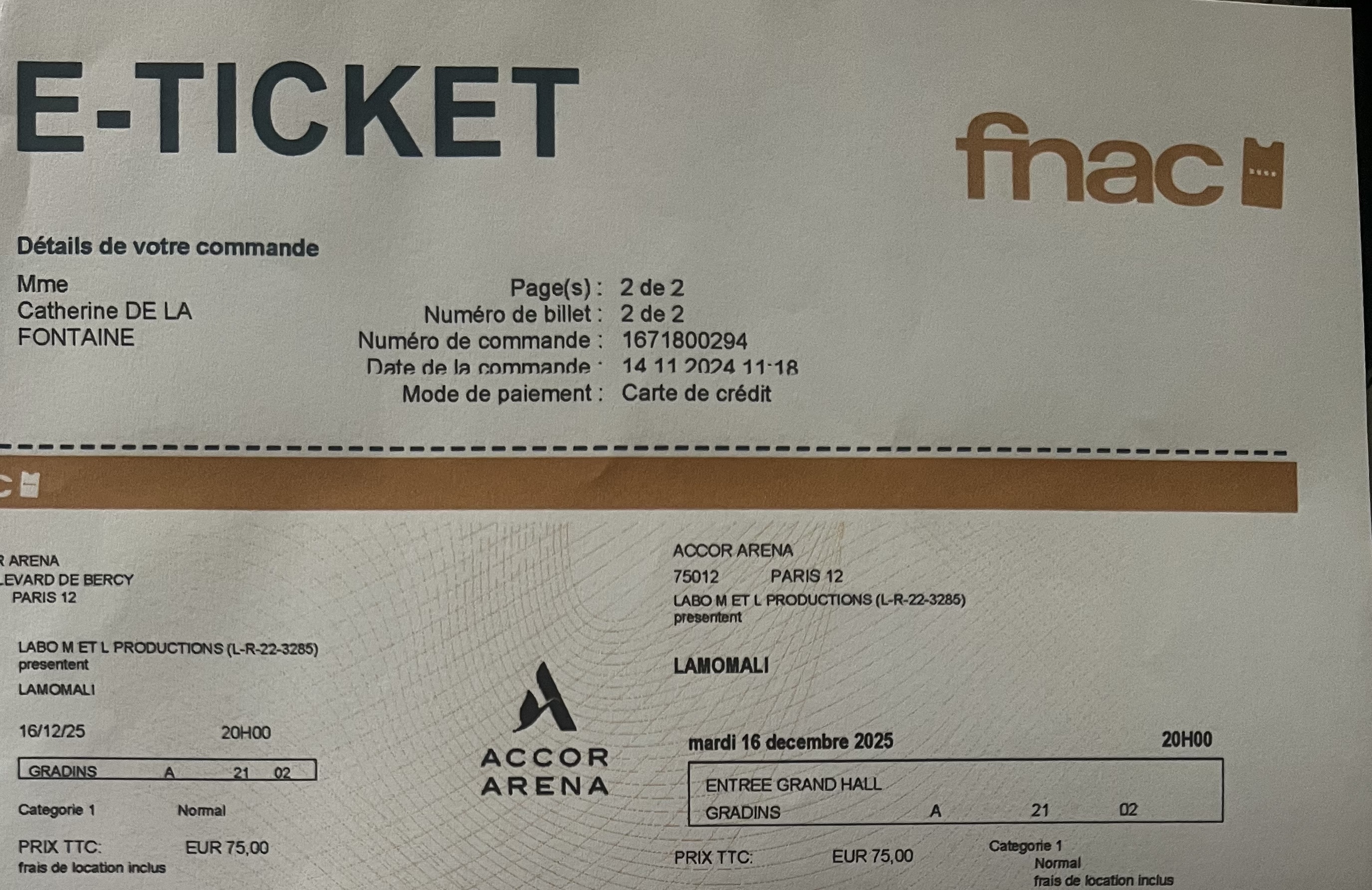 2 billets de concert M/LAMOMALI � l'ACCOR ARENA Paris 75 Annecy (74)