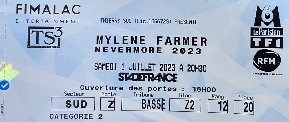 2 billets concert Myl�ne Farmer Stade de France cat. 2 89 Paris 15 (75)