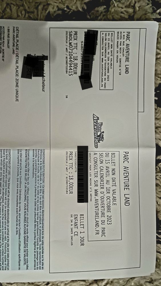 Billets entr�e Parc Aventure Land 40 Paris 20 (75)