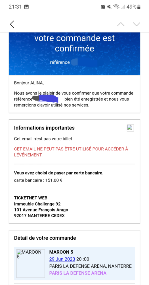 2 billets fosse Maroon 5 La Defense Arena 29 juin 2023 75 Croissy-sur-Seine (78)