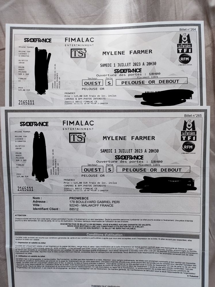 2 billets fosse OR - Myl�ne Farmer - 1er Juillet 2023 SDF 115 Champs-sur-Marne (77)