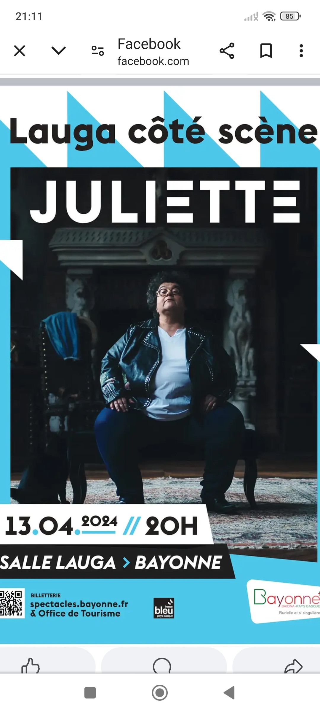 2 billets Juliette Bayonne 13 avril ce soir 18 Bayonne (64)