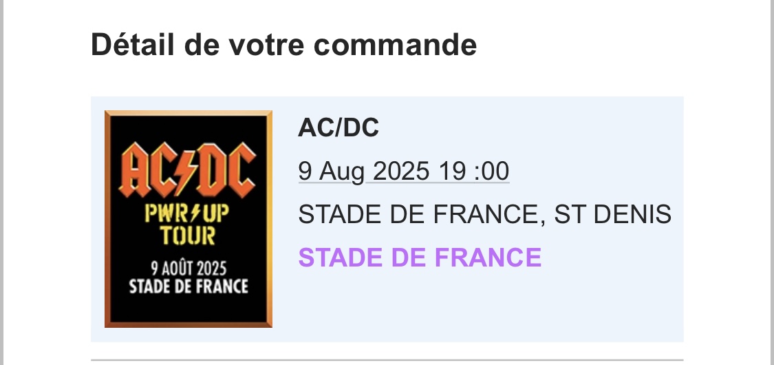 2 billets pour acdc au stade de France le 9 ao�t 2025 166 B�thune (62)