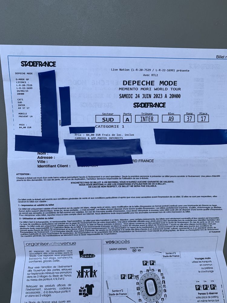 2 billets pour le concert de Depeche Mode Paris 84 Thorign�-Fouillard (35)