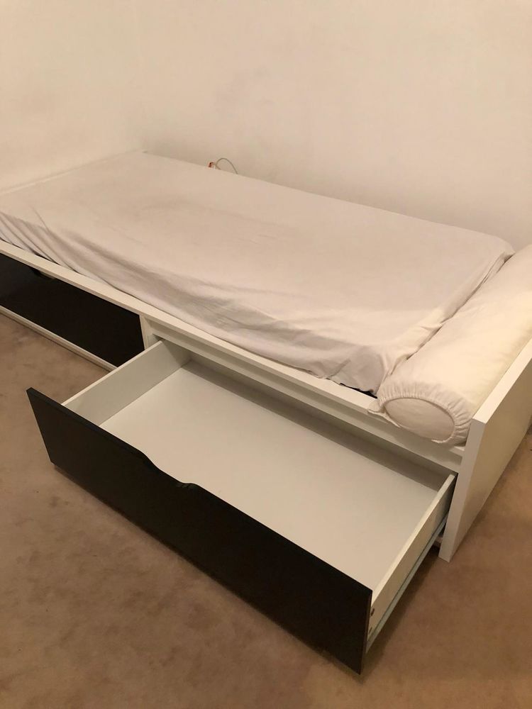 Lit blanc 1 place 90X200+sommier lattes+2 tiroirs noirs 50 Paris 16 (75)