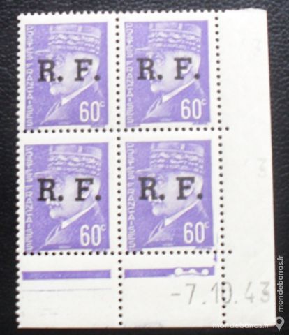 bloc de 4 timbres 1941-1942 Pétain surchargés R.F. 20 Montreuil (93)