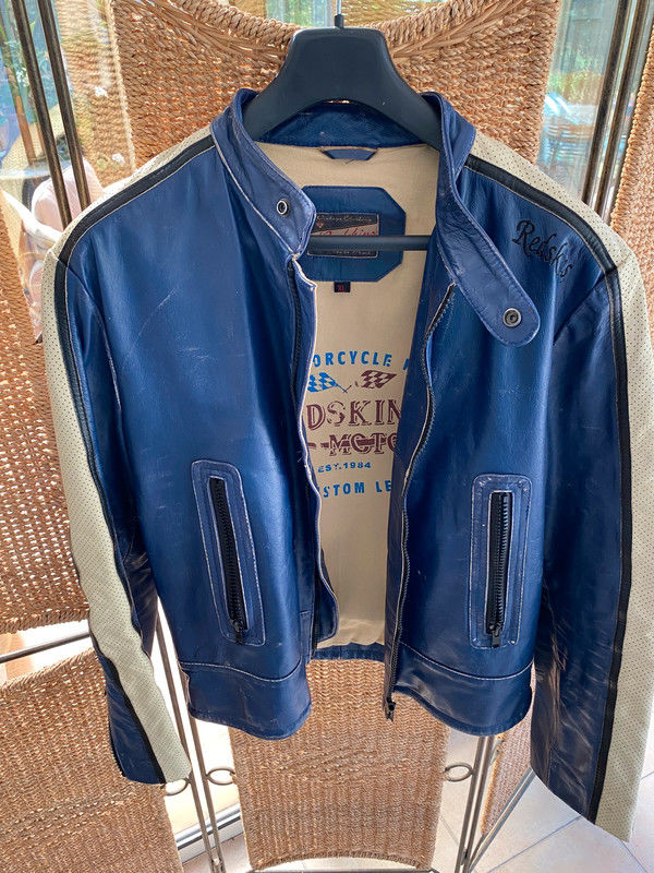 Blouson cuir bleu et blanc redskins riders Vintage 80 Hennebont (56)