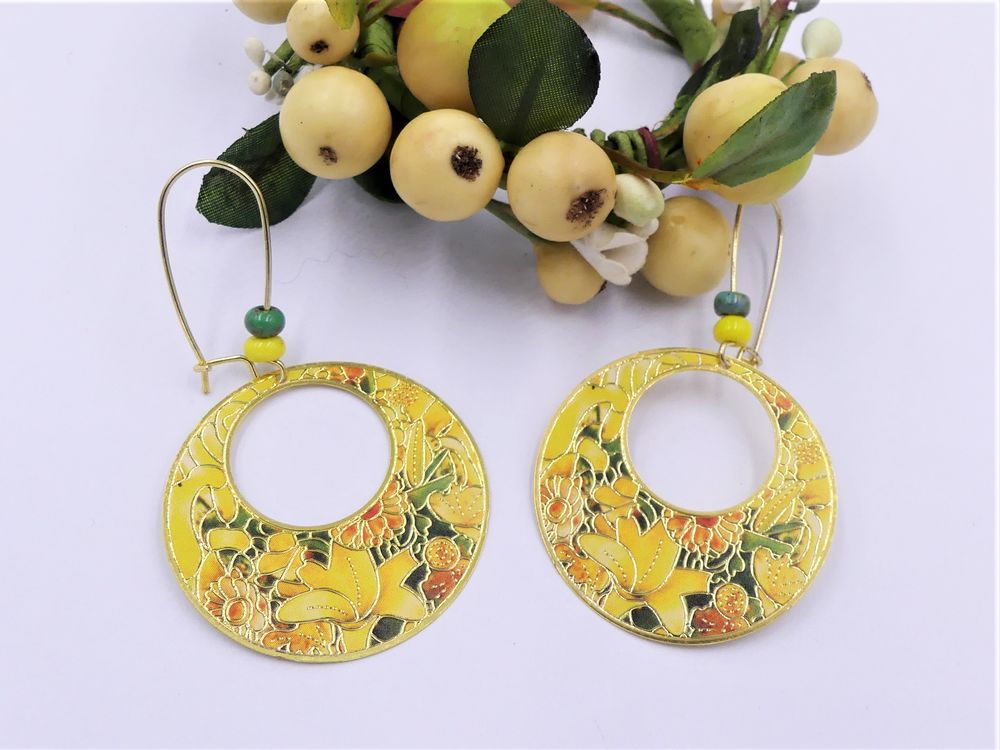 Boucles d'oreilles anneaux peint , perles verre et naturelle 5 Viroflay (78)