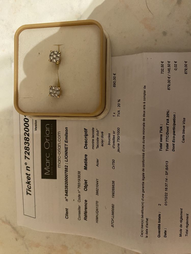 Boucles d'oreilles or jaune 750/1000 400 Joigny (89)