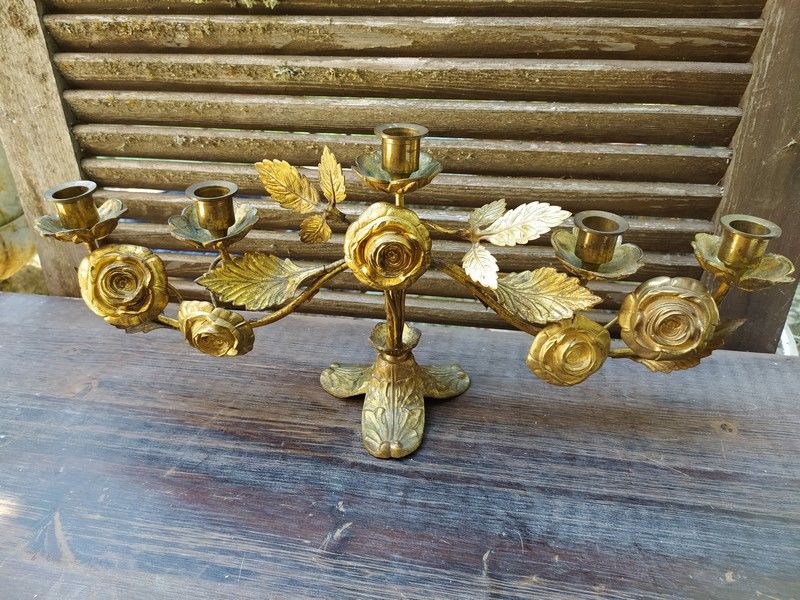 Bougeoir d'Autel �glise Bronze et Laiton Dor� Fleurs Roses 139 Loches (37)