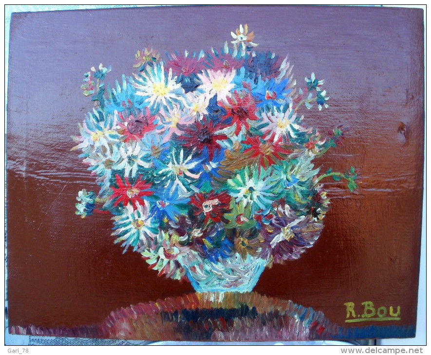 Bouquet de fleurs dans un vase Huile sur toile signée R. BOU 40 Montauban (82)