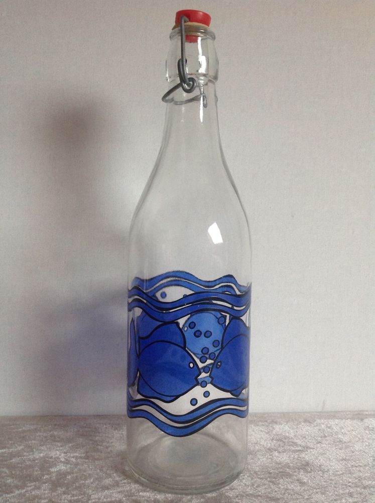 BOUTEILLE EN VERRE S�RIGRAPHI�E POISSONS BLEU 5 Tr�gunc (29)