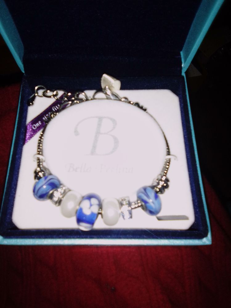 Bracelet-Bella Perlina-perle en verre Bleue/Blanche/argentée 20 Tours (37)