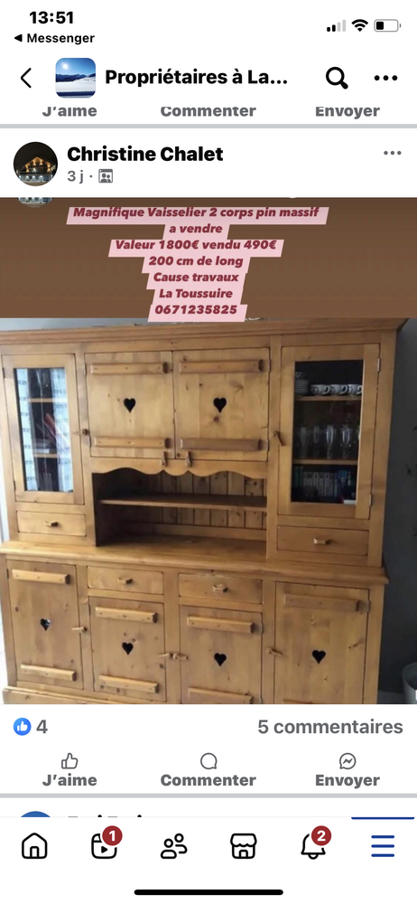 Brade meuble vaisselier en pin cir� massif cause travaux 490 Fontcouverte-la Toussuire (73)