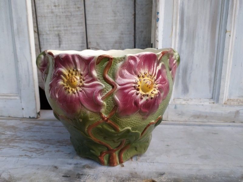 Cache-Pot Barbotine Digoin Fleurs Pavots Art Nouveau 90 Loches (37)