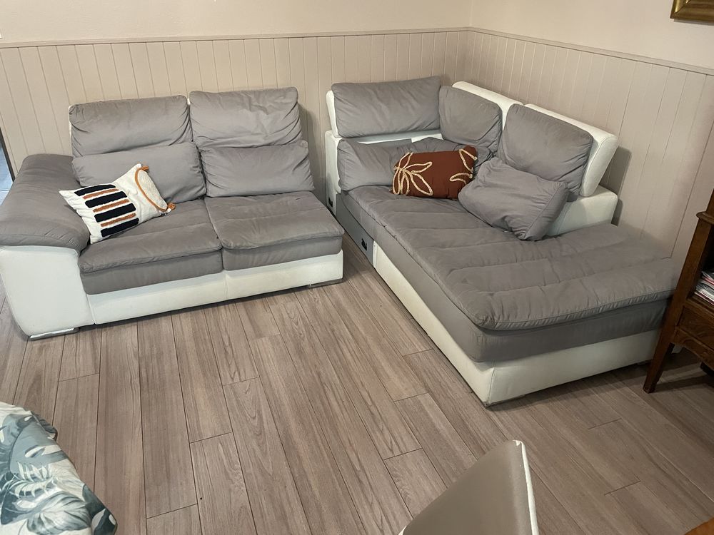 Canap� d'angle L 265.220 en cuir blanc et tissu 150 Pontenx-les-Forges (40)