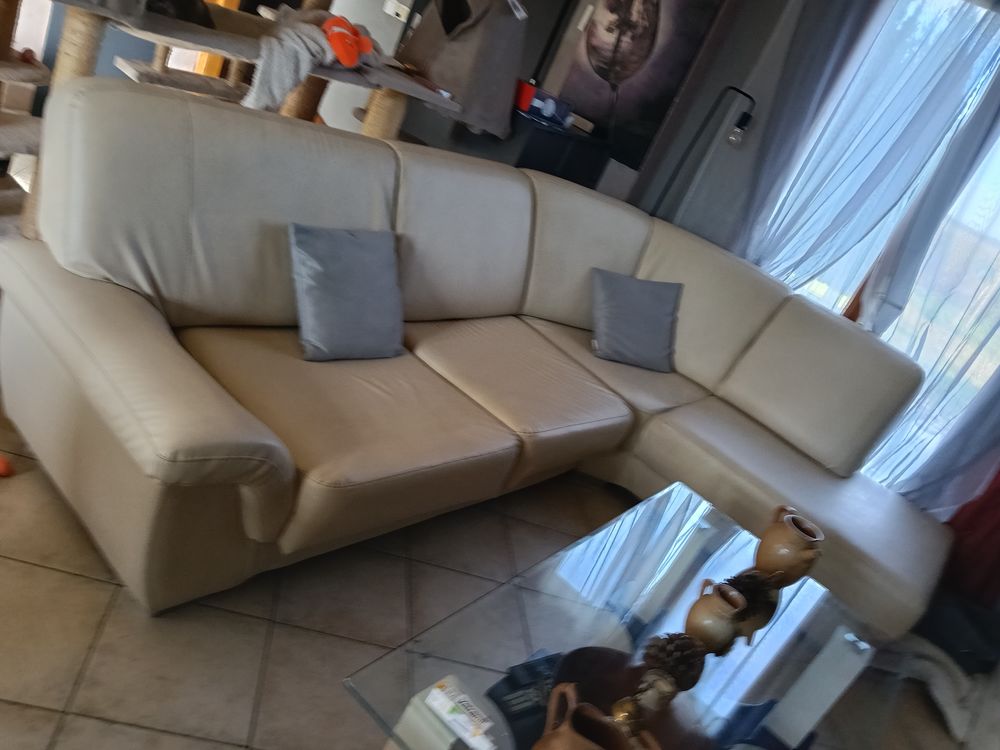 Canap� d'angle simili cuir beige convertible 175 Santeau (45)