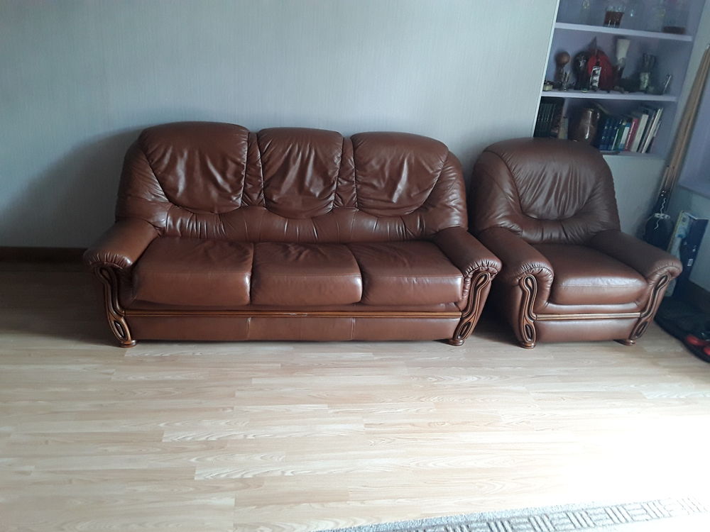 Canap� convertible 3 places + fauteuil cuir marron 325 Herry (18)