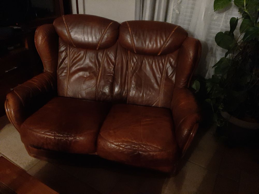 canap� cuir marron deux places 300 Damville (27)