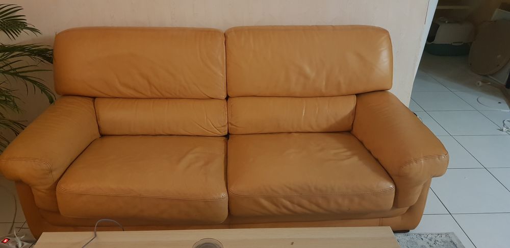 Canapé et fauteuil en cuir fauve 120 Vauréal (95)