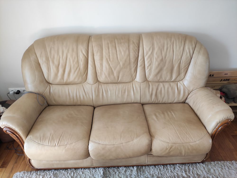 Canapé + fauteuil en cuir beige 310 Jussy (02)