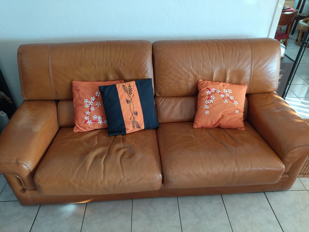 Canap� et fauteuil en cuir fauve 0 L Estaque (13)