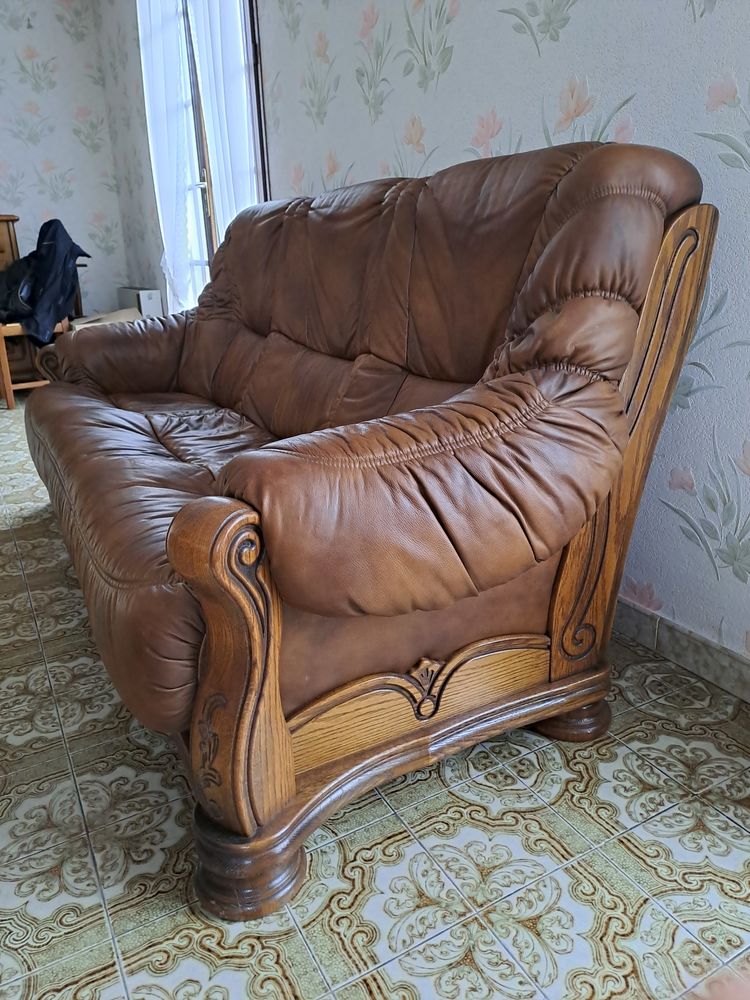 CANAPE et 2 FAUTEUILS Cuir/bois 500 Freneuse (76)