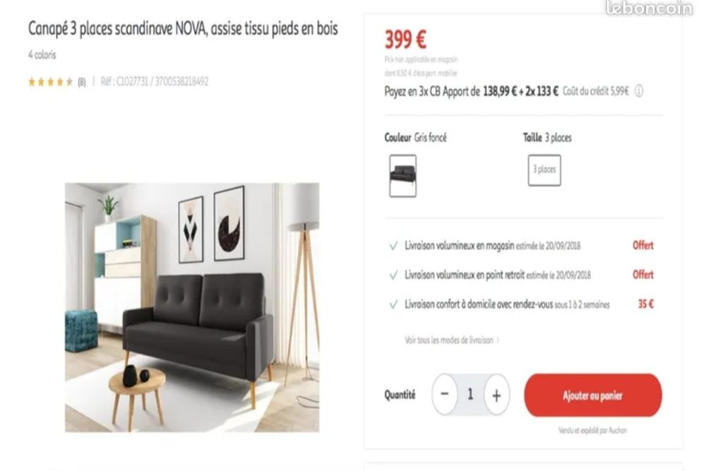 Canap� Gris Fonc� Tissu NON CONVERTIBLE 110 Lyon 7 (69)