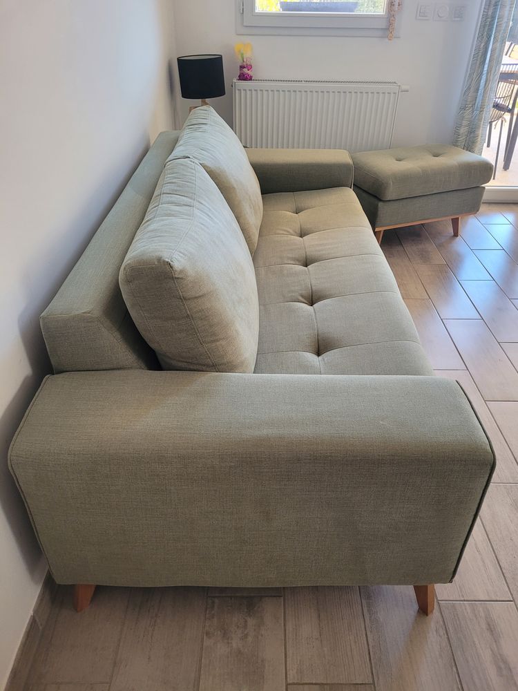 Canap� 3 places convertible en tissu vert sauge + pouf 950 La Fare-les-Oliviers (13)
