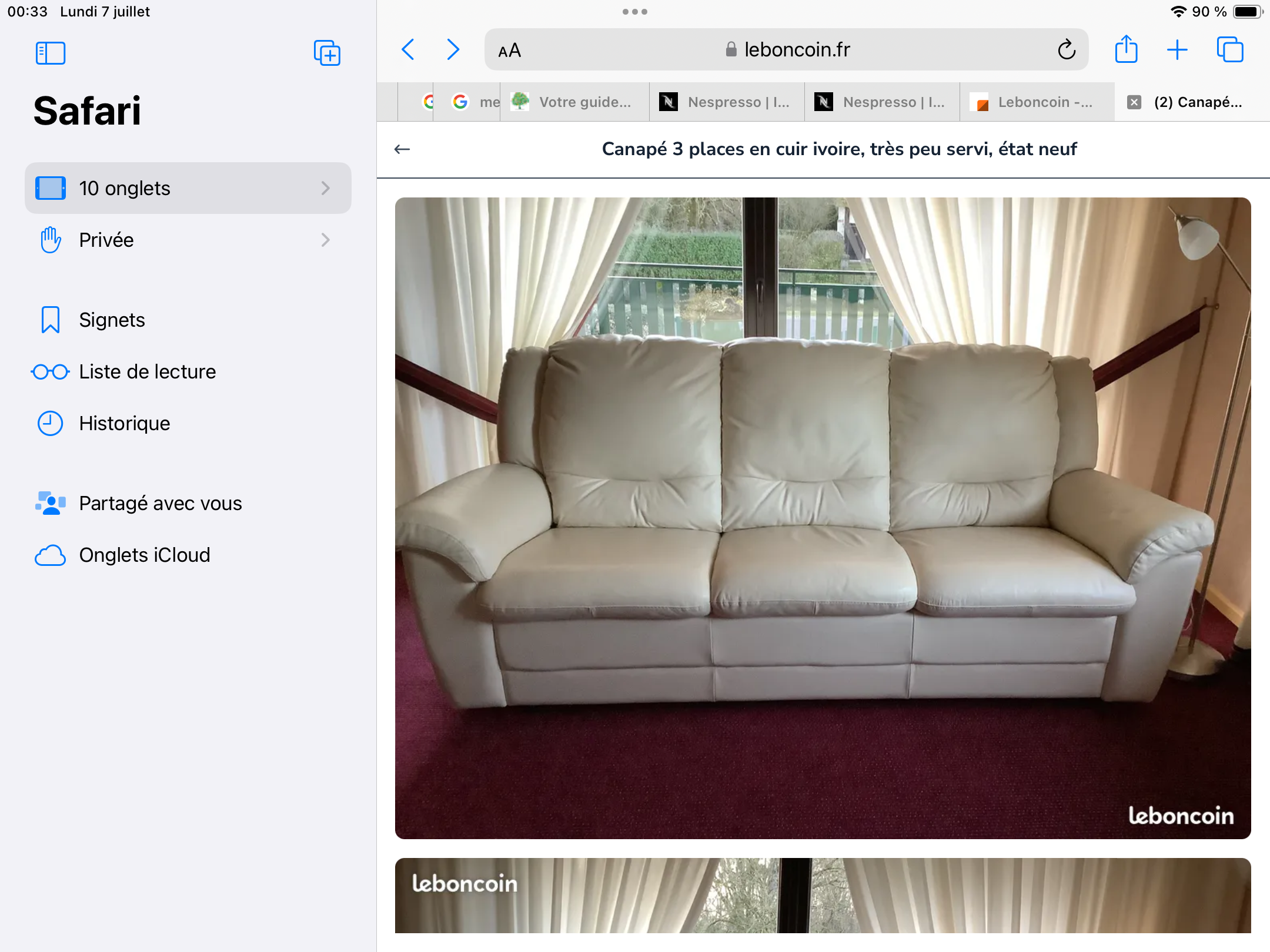 canap� 3 places en cuir coloris ivoire 250 Manspach (68)