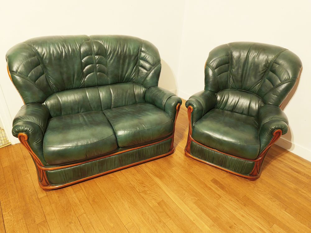 Canap� 2 places + Fauteuil cuir vert en salon confort chic 0 Dijon (21)