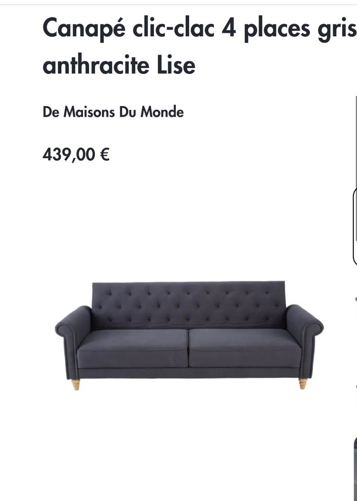 Canap� 3 places gris convertible maisons du monde 0 Auffargis (78)